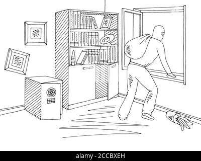 Thief getting out the window in the office room graphic black white interior sketch illustration vector Stock Vector