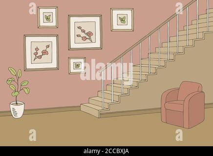 Hallway graphic stairs color interior sketch illustration vector Stock Vector
