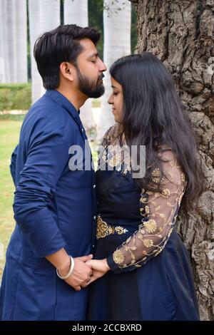 New Delhi India – November 25 2019 : A Couple Pose For Pre Wedding Shoot  Inside Lodhi Garden Delhi, A Popular Tourist Landmark In New Delhi India,  For Their Pre Wedding Shoot,