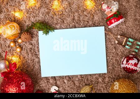 christmas frame and toys with blue leaf, flatley, copyspace Stock Photo