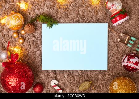 christmas frame and toys with blue leaf, flatley, copyspace Stock Photo