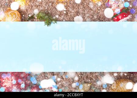christmas frame and toys with blue leaf, bokeh, flatley, copyspace Stock Photo