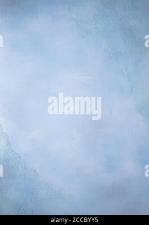 Vertical background made of uneven textured plaster hand painted in mix of blue, turquoise, green, white and gray. Main colors are blue and turquoise. Stock Photo