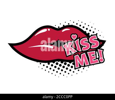 Comic lettering Kiss Me. Comic speech bubble with emotional text Kiss Me. Vector bright dynamic cartoon illustration in retro pop art style isolated Stock Vector