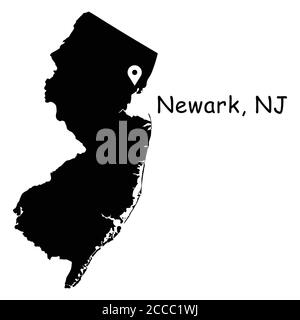 Newark on New Jersey State Map. Detailed NJ State Map with Location Pin on Newark City. Black silhouette vector map isolated on white background. Stock Vector