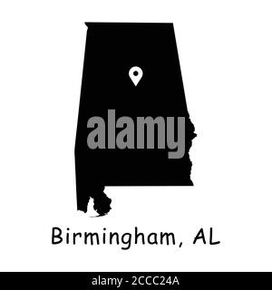 Birmingham on Alabama State Map. Detailed AL State Map with Location Pin on Birmingham City. Black silhouette vector map isolated on white background. Stock Vector