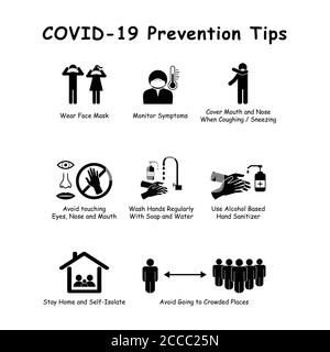 COVID-19 Pandemic Prevention Tips. Pictogram Vector Depicting Preventive and Safety Measures to Prevent Coronavirus Infection Spread Icon Set Stock Vector