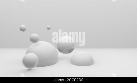 Minimal 3d rendering, cgi illustration, white and black shiny balls, spheres or globes against white or grey studio background, floating concept