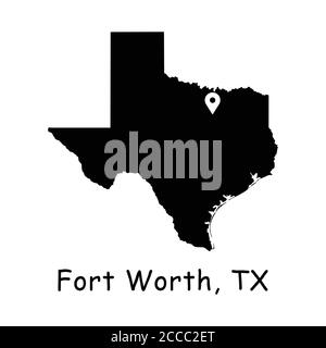 Fort Worth on Texas State Map. Detailed TX State Map with Location Pin on Fort Worth City. Black silhouette vector map isolated on white background. Stock Vector