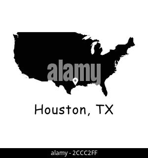 Houston TX on USA Map. Detailed America Country Map with Location Pin on Houston Texas. Black silhouette vector maps isolated on white background. Stock Vector