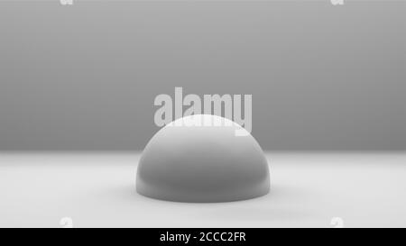 Minimal 3d rendering, cgi illustration, white shiny ball, sphere or globe against white or grey studio background, half sunk into ground