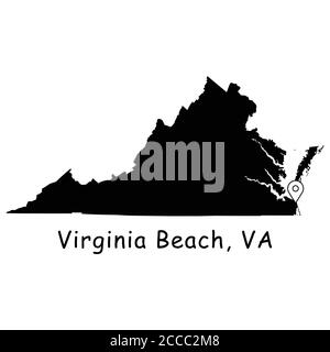 Virginia Beach on Virginia State Map. Detailed VA State Map with Location Pin on Virginia Beach City. Black silhouette vector map isolated on white ba Stock Vector