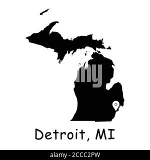 Detroit on Michigan State Map. Detailed MI State Map with Location Pin on Detroit City. Black silhouette vector map isolated on white background. Stock Vector