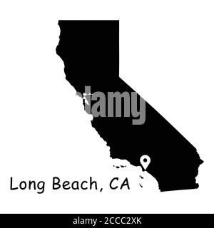 Long Beach on California State Map. Detailed CA State Map with Location Pin on Long Beach City. Black silhouette vector map isolated on white backgrou Stock Vector