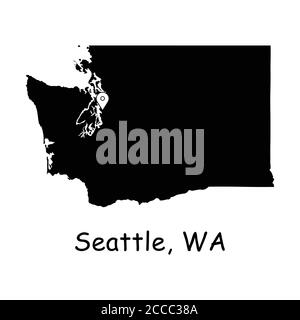 Seattle on Washington State Map. Detailed WA State Map with Location Pin on Seattle City. Black silhouette vector map isolated on white background. Stock Vector