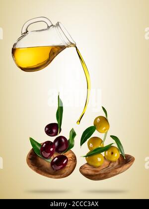 Olive oil with flying olives in wooden bowls, concept of healthy eating. Studio photo in high resolution. Diet and healt eating and lifestyle. Separat Stock Photo