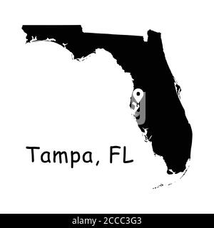 Tampa on Florida State Map. Detailed FL State Map with Location Pin on Tampa City. Black silhouette vector map isolated on white background. Stock Vector