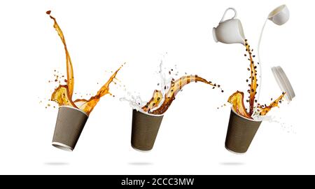 Take away cups with splashing coffee liquid isolated on white background. Hot drink with splash, beverages and refreshment. Very high resolution image Stock Photo
