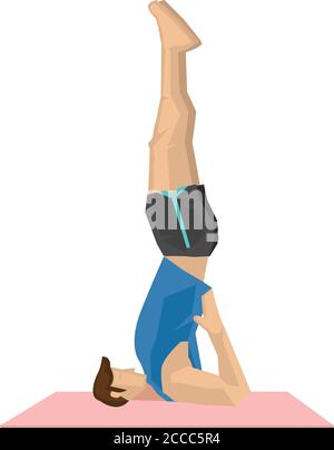 Illustration of a strong man practicing yoga with a shoulderstand pose. Concept of yoga calmness, relaxation and wellness. Vector illustration. Stock Vector