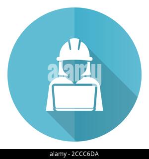 Engineer with laptop blue round flat design vector icon isolated on white background, worker, manager illustration in eps 10 Stock Vector