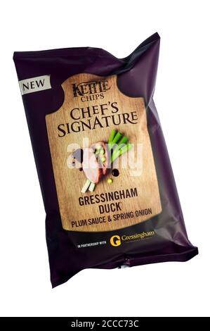 A packet of Gressingham duck plum sauce & spring onion flavoured potato crisps. Stock Photo