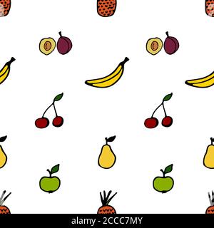 Seamless fruit pattern. Vector illustration including apples, pears, plums, bananas, pineapples and cherries. Stock Vector