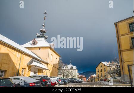 Snow covered street. La Granja de San Ildefonso, Segovia province, Castilla Leon, Spain. Stock Photo