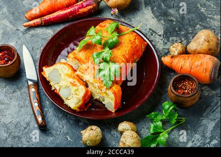 Homemade terrine with Jerusalem artichoke,carrots and potatoes.French cuisine Stock Photo