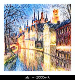 Urban sketch of Bruges canal Steenhouwers with the Belfry and beautiful medieval houses, Belgium. Drawing with colored pencils Stock Photo
