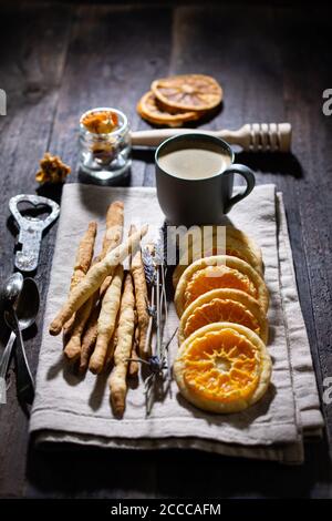 Homemade cookies with coffee.Fruit cookie.Country style.Crispy snack.Low fat food. Stock Photo