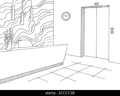 Reception lobby interior graphic black white sketch illustration vector Stock Vector