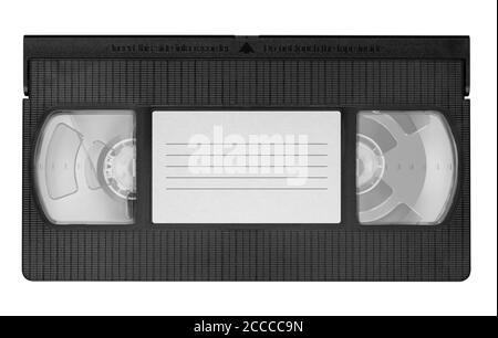Video cassette in cover, videotape isolated on white background with clipping path. Top view Stock Photo