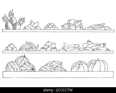 Shelves set graphic black white isolated sketch fruits and vegetables grocery store illustration vector Stock Vector