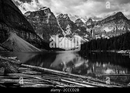 Dramatic black and white of Glacial Moraine Lake in the Valley of the Ten Peaks, Banff National Park, Alberta, Canada Stock Photo