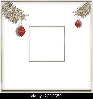 Christmas or 2021 New Year mock up background. Minimalistic style made of gold frame and hanging red balls. 3D illustration Stock Photo
