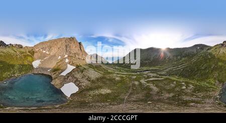 360 degree panoramic view of Alpine lake at the end of alls Creek Trail on a summer evening