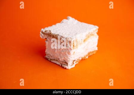 Close up shot of delicious pastel meringue white strudel Stock Photo