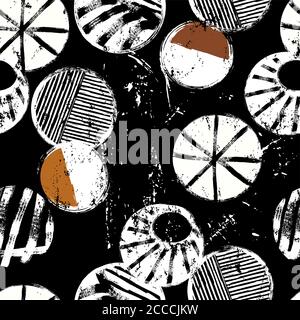 seamless background pattern, with circles, stripes, paint strokes and splashes, on black Stock Vector