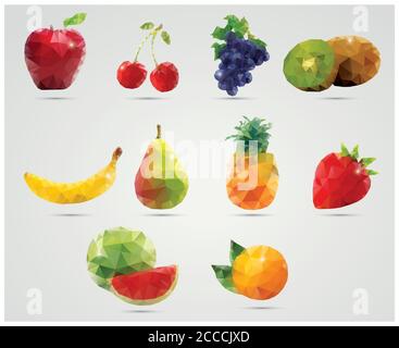 Collection of geometric polygonal fruits, triangles, apple, cherries, grapes, kiwi, orange, banana, pear, pineapple, strawberry, watermelon, vector il Stock Vector