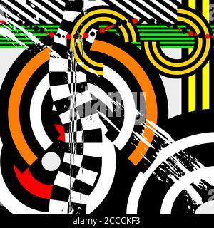 abstract geometric background composition, with cirles and lines, strokes and splashes, black and white Stock Vector