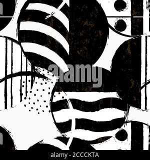 seamless abstract pattern background, with circles, paint strokes and splashes, retro style, black and white Stock Vector