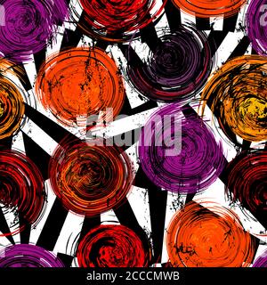 seamless background pattern, with circles, strokes and splashes, on black and white Stock Vector