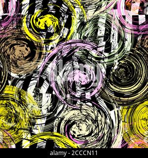 seamless background pattern, with circles, strokes and splashes, on black and white Stock Vector