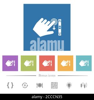Left handed scroll down gesture flat white icons in square backgrounds. 6 bonus icons included. Stock Vector