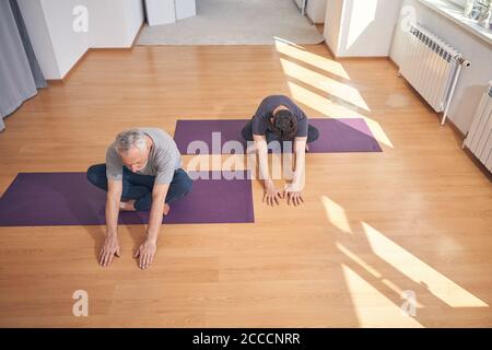 Professional yogis stretching together in a fitness studio Stock Photo