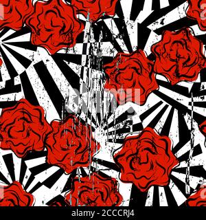 abstract background composition, with paint strokes, splashes and floral ornament, seamless, on black and white Stock Vector