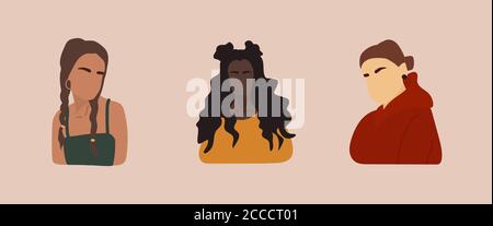 Set of female shapes and silhouettes on retro background. Abstract women in pastel colors. Collection of contemporary art posters. Fashion girls for Stock Vector