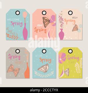 Spring floral gift tag design, with hand drawn flowers, floral elements, vases and monarch butterflies, vector illustration Stock Vector