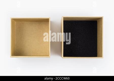 Two square cardboard boxes isolated on white Stock Photo