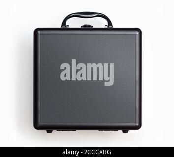 Black modern plastic suitcase isolated on white background, front view Stock Photo
